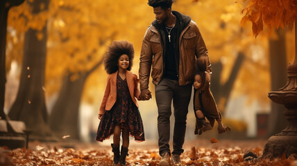 Happy black family walking in the park autumn fall leaves in the ground and trees