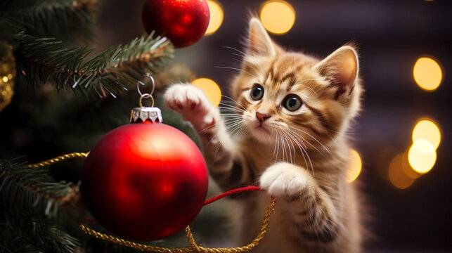 copy space, stockphoto, cute kitten playing with a Christmas bauble hanging in a Christmas tree . Cute pet playing with a Christmas bauble during christmas time.  Christmas decoration. Background for 