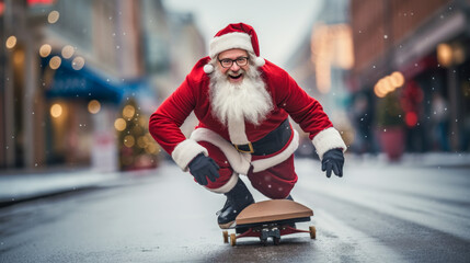 Laughing Santa rides a skateboard through the streets of a city decorated for Christmas. Soft focus