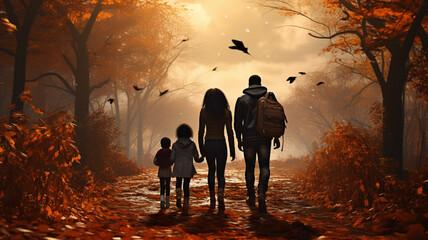 Happy black family walking in the park autumn fall leaves in the ground and trees - obrazy, fototapety, plakaty