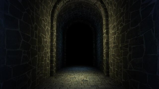 Dark empty tunnel with candle light animation . 3d rendering. Seamless loop.