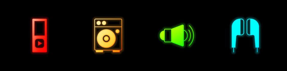 Set Music player, Guitar amplifier, Megaphone and Air headphones icon. Vector