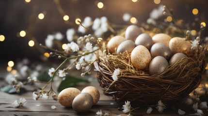 
beautiful easter background with colored eggs in a nest. volumetric light, copy space. holiday lights. space for text