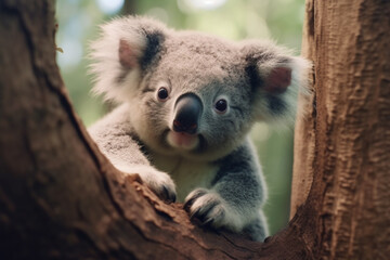 Close up of cute koala in tree in tropical rainforest