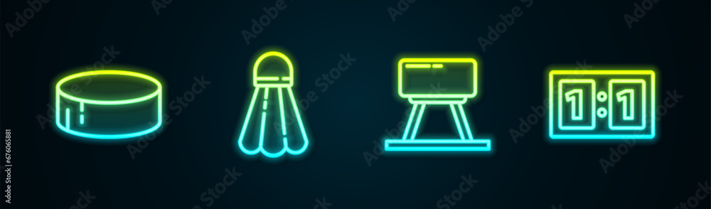 Canvas Prints Set line Hockey puck, Badminton shuttlecock, Pommel horse and Sport mechanical scoreboard. Glowing neon icon. Vector