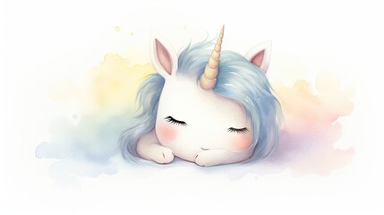  a watercolor painting of a unicorn laying down with its eyes closed and a unicorn's head resting on it's side.  generative ai