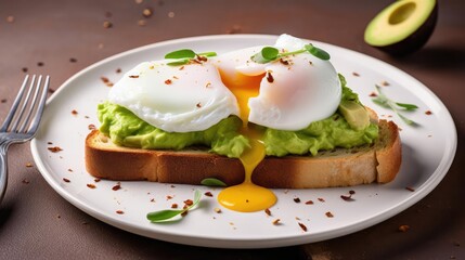 A piece of toast topped with avocado and poached eggs 