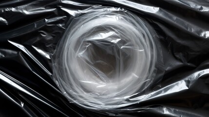 Genuine plastic wrap texture on black background. Crumpled packaging