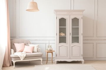 French provincial wardrobe decorating a traditional bedroom in soft pastel colors