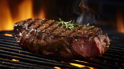  a close up of a steak on a grill with a fire in the background and smoke coming out of it.  generative ai