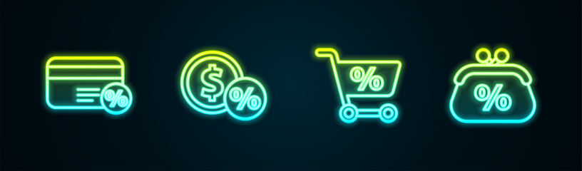 Set line Discount card with percent, Money coin, Shopping cart and Purse money. Glowing neon icon. Vector