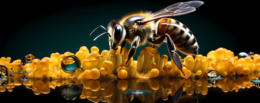 A Majestic Bee Amidst White Beads, Dark Teal Ambiance with Pointillist Detail, and Hyper-Realistic Water | AI | Background