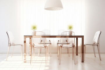 Glossy acrylic chairs surround a modern dining table in crisp whites and neutrals.