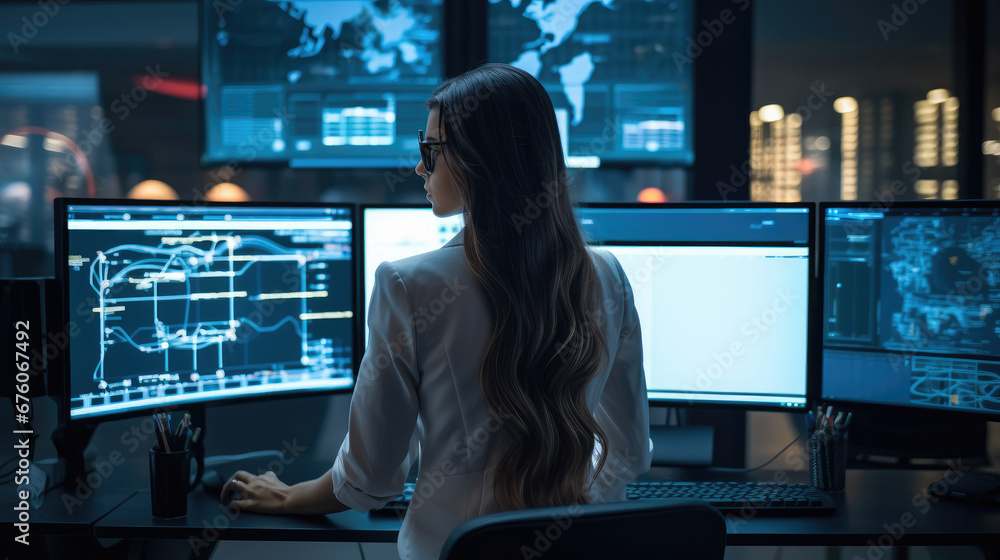 Aufkleber Businesswoman working in a control room with financial charts and graphs on computer monitor.