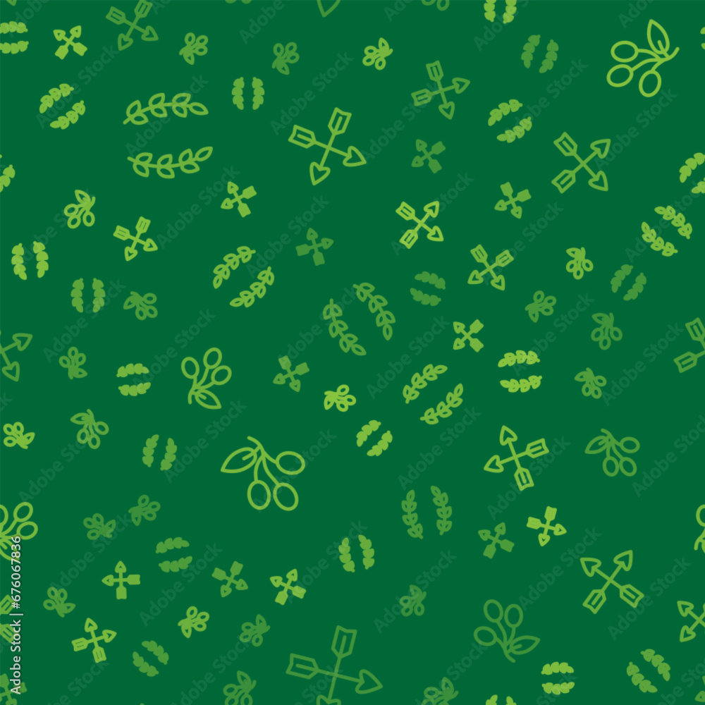 Poster set line laurel wreath, olives branch and crossed arrows on seamless pattern. vector