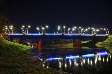 Valmiera center bridge illuminated at night