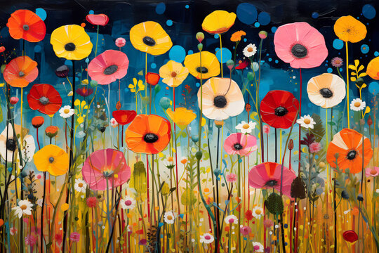 Lots of beautiful wildflowers. Illustration in oil painting style.