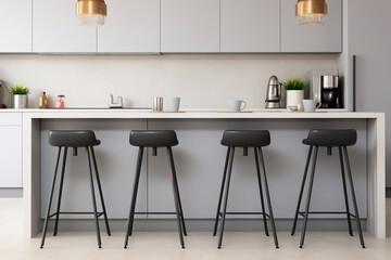 Minimalist metal bar stools complement a modern kitchen in sleek gray tones