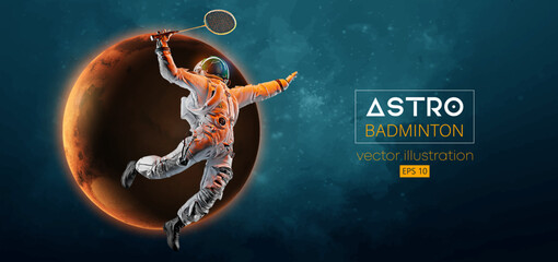Abstract silhouette of a badminton player astronaut in space action and Earth, Mars, planets on the background of the space. The badminton player hits the shuttlecock. Vector 3d render illustration