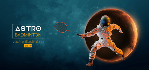 Abstract silhouette of a badminton player astronaut in space action and Earth, Mars, planets on the background of the space. The badminton player hits the shuttlecock. Vector 3d render illustration