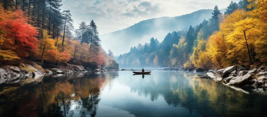  During the autumn season travel enthusiasts are drawn to the colorful landscapes of the forest where the vibrant trees stunning mountains and serene rivers create a picturesque backdrop for  © TheWaterMeloonProjec