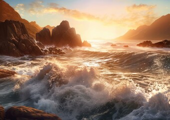 Fototapeta premium A sunlit coastline with waves crashing. Generativ ai.