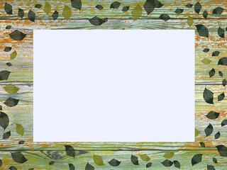 White sheet of paper on wooden old table. Autumn leaves in different colors. Space for a poem, drawing or advertising slogan.  - obrazy, fototapety, plakaty