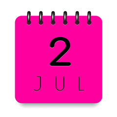 2 day of the month. July. Pink calendar daily icon. Black letters. Date day week Sunday, Monday, Tuesday, Wednesday, Thursday, Friday, Saturday. Cut paper. White background. Vector illustration.