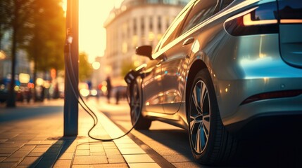 Electric car charging station with electric car.