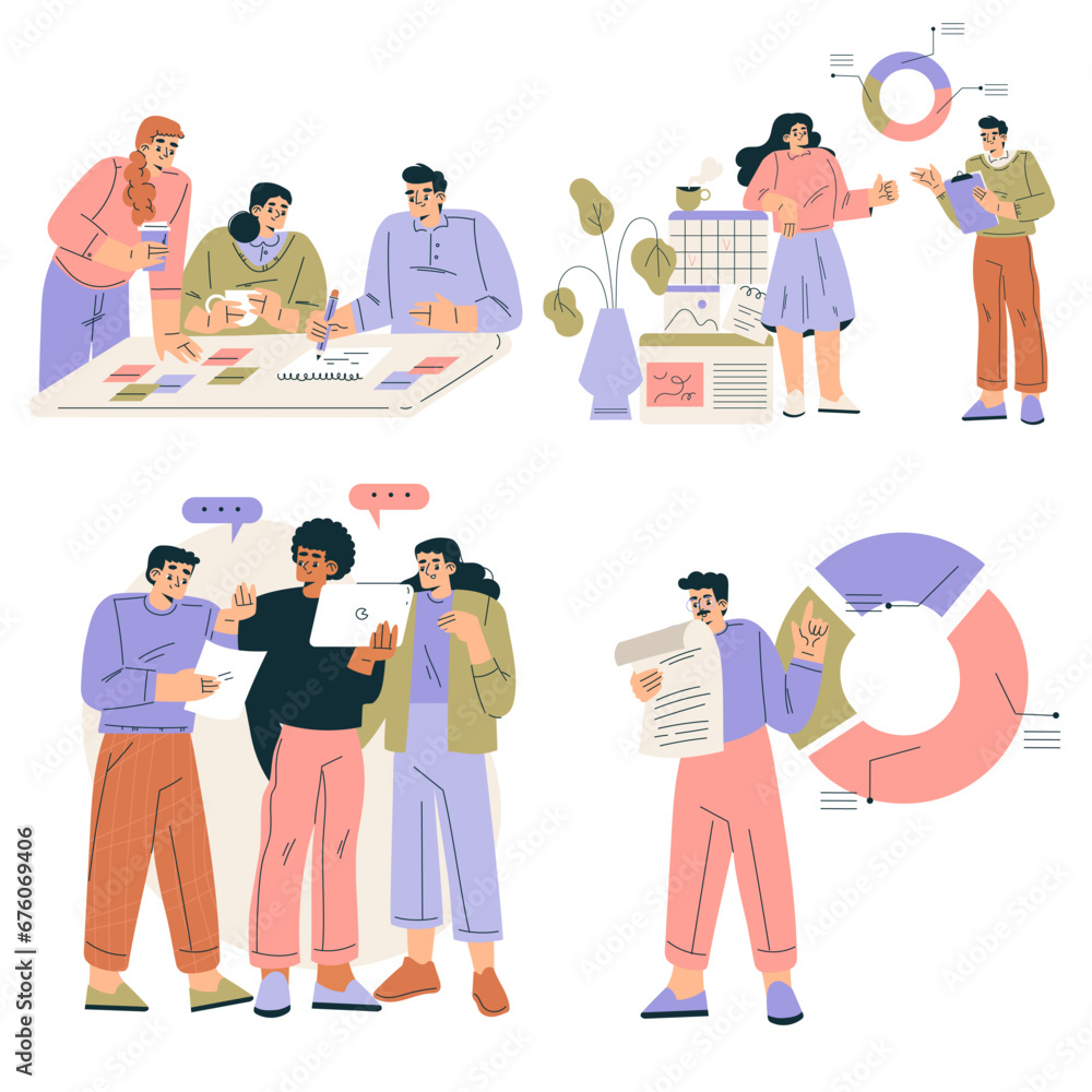 Poster business concept with man and woman character engaged in workflow deal with project vector set