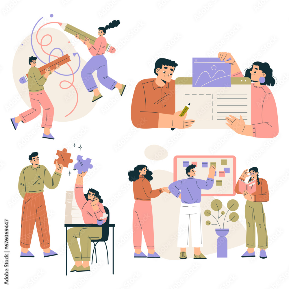 Poster business concept with man and woman character engaged in workflow deal with project vector set