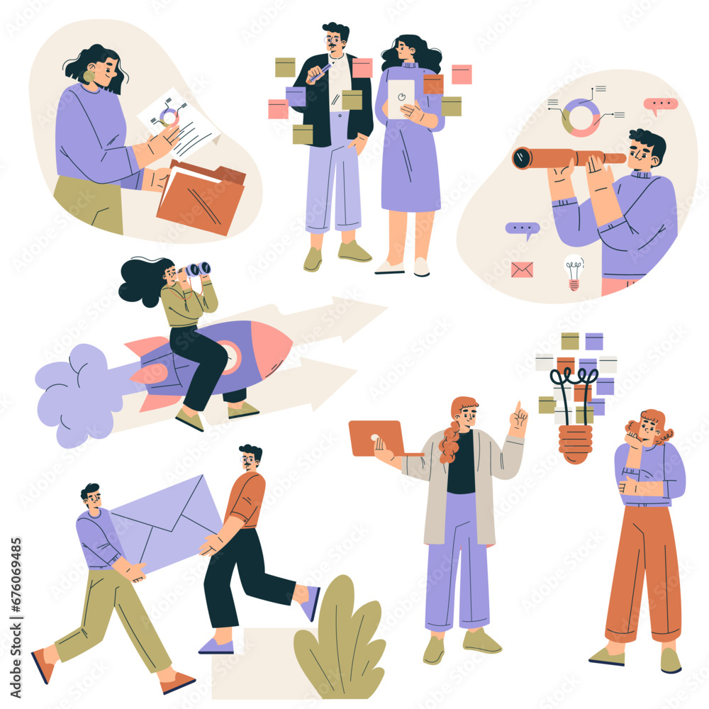 Poster business concept with man and woman character engaged in workflow deal with project vector set