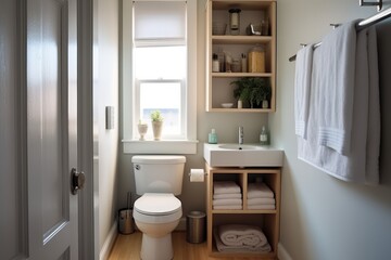 Fototapeta na wymiar Tiny bathroom with over-the-door storage ideas, Minimalist.