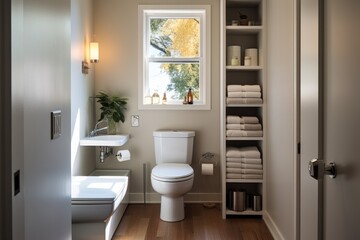 Fototapeta na wymiar Tiny bathroom with over-the-door storage ideas, Minimalist.