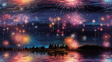  a painting of fireworks in the night sky over a body of water with trees and a boat in the water.  generative ai
