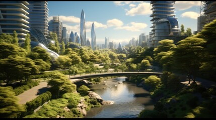 Fototapeta premium A tranquil urban park with lush greenery, Advanced eco-friendly architecture and clean energy sources seamlessly integrated into the cityscape.