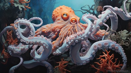 Obraz premium a close up of an octopus on a seabed with corals and other marine life on the bottom of the picture. generative ai