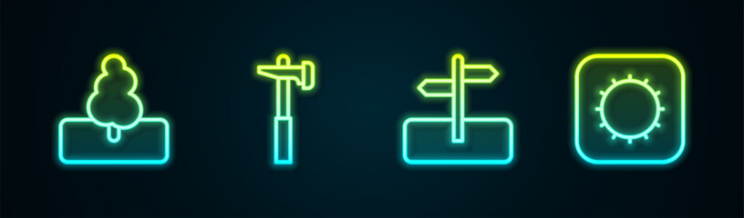 Set line Tree, Hammer, Road traffic sign and Sun. Glowing neon icon. Vector - obrazy, fototapety, plakaty