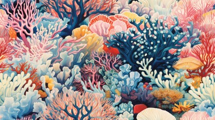 Obraz premium a painting of corals and seaweed on a blue and pink background with corals and other corals. generative ai