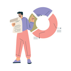 Business Concept with Man Character at Huge Pie Chart Analyze Data Vector Illustration