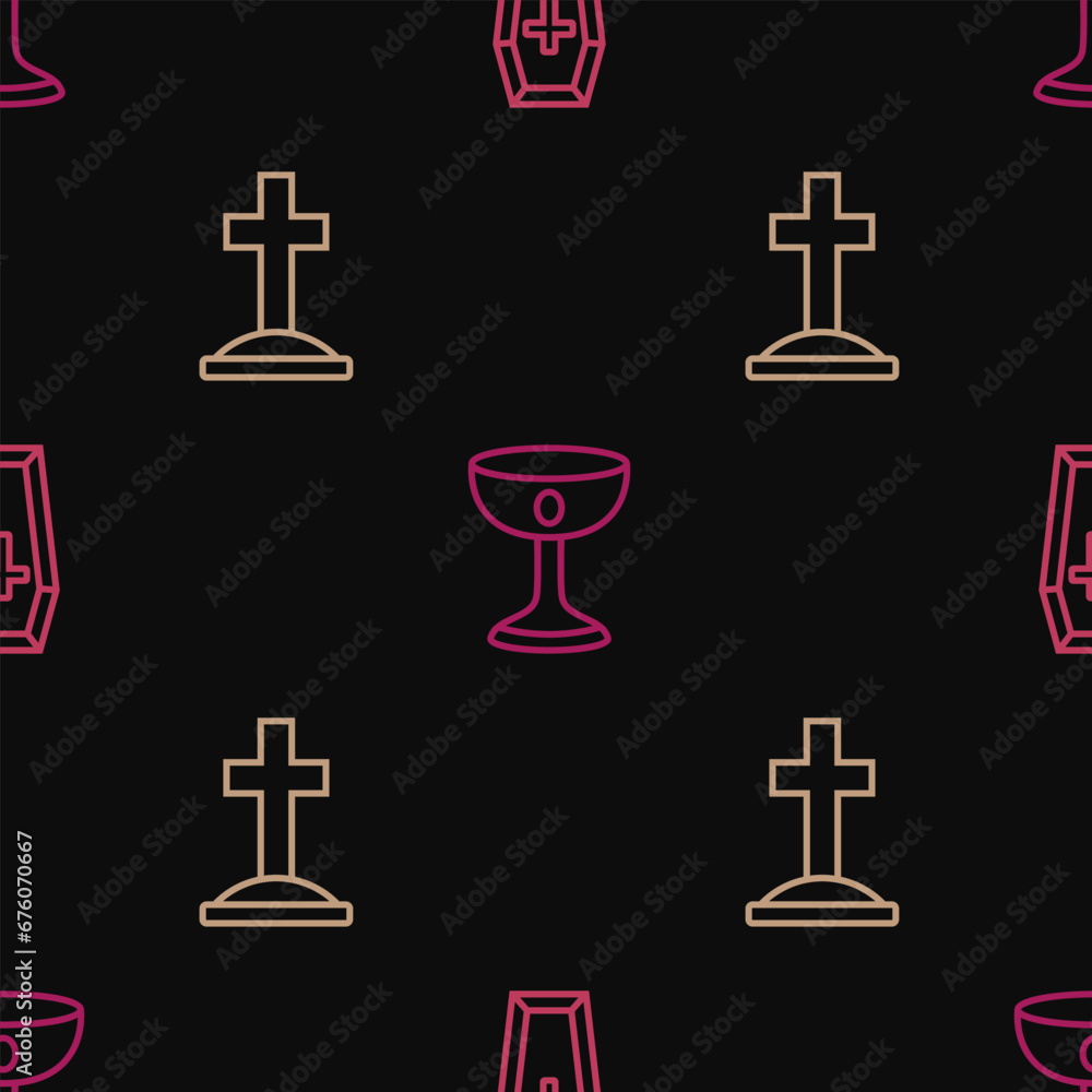 Poster set line coffin, grave with cross and christian chalice on seamless pattern. vector