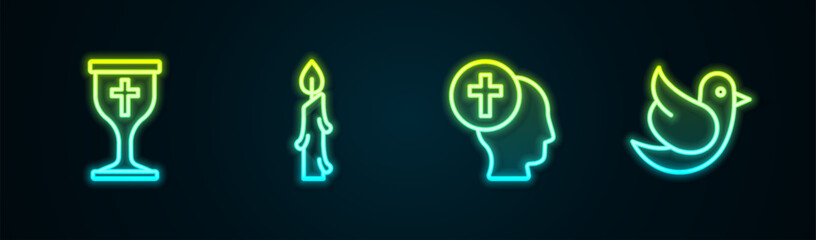 Set line Christian chalice, Burning candle, Priest and Dove. Glowing neon icon. Vector - obrazy, fototapety, plakaty