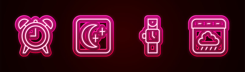Set line Alarm clock, Moon and stars, Wrist watch and Calendar autumn. Glowing neon icon. Vector