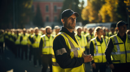 Many security guards with neon yellow vest doing his job on a event. - obrazy, fototapety, plakaty