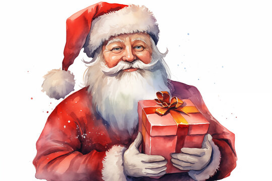 Santa Claus with gifts in his hands. Drawing with watercolors. Christmas card concept. Light back