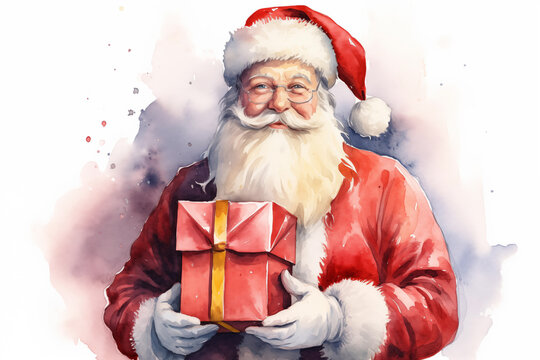 Santa Claus with gifts in his hands. Drawing with watercolors. Christmas card concept. Light back