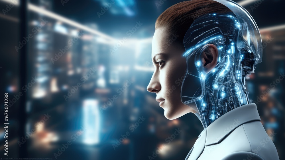 Aufkleber Modern businessperson interacting with an AI assistant through a virtual interface, Chat GDP Chat with AI or Artificial Intelligence technology, business use AI smart technology.