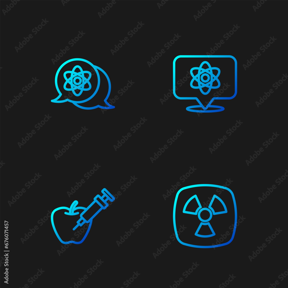 Poster set line radioactive, genetically modified apple, atom and . gradient color icons. vector