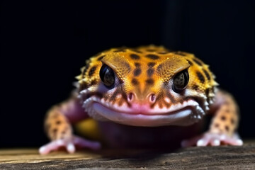 Leopard gecko closeup head on wood with black background 