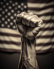 Raised fist over american flag. Freedom and resistance concept. Generative Ai